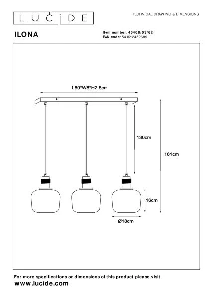 Lucide ILONA - Lámpara colgante - 3xE27 - Ámbar - técnico